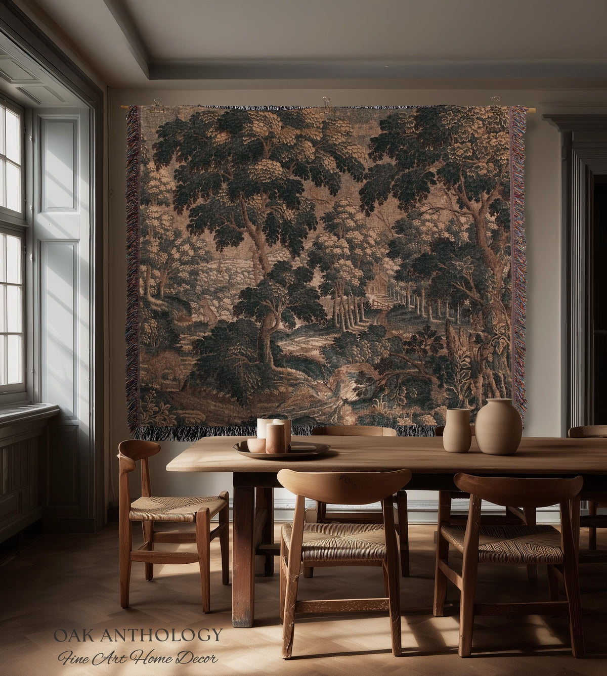 Romantic Old World Flemish Verdure Lush Forest Path Art Tapestry | Pastoral Woodland Wildlife Landscape Woven Wall Art Nature Scene Blanket