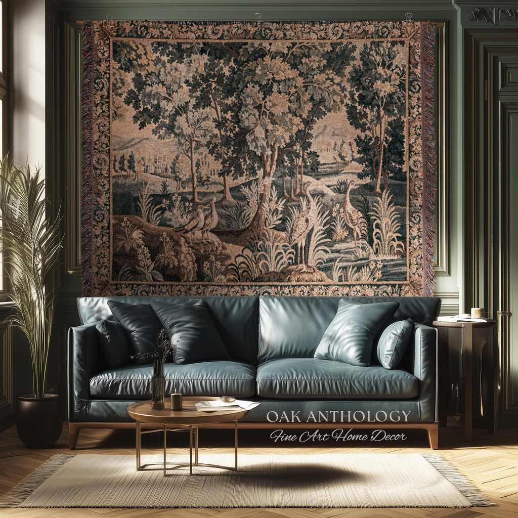 European Woodland Scene Wetland Birds Verdure aux Oiseaux Tapestry | Antique Aubusson Style Woven Heritage Landscape Countryside Wall Art