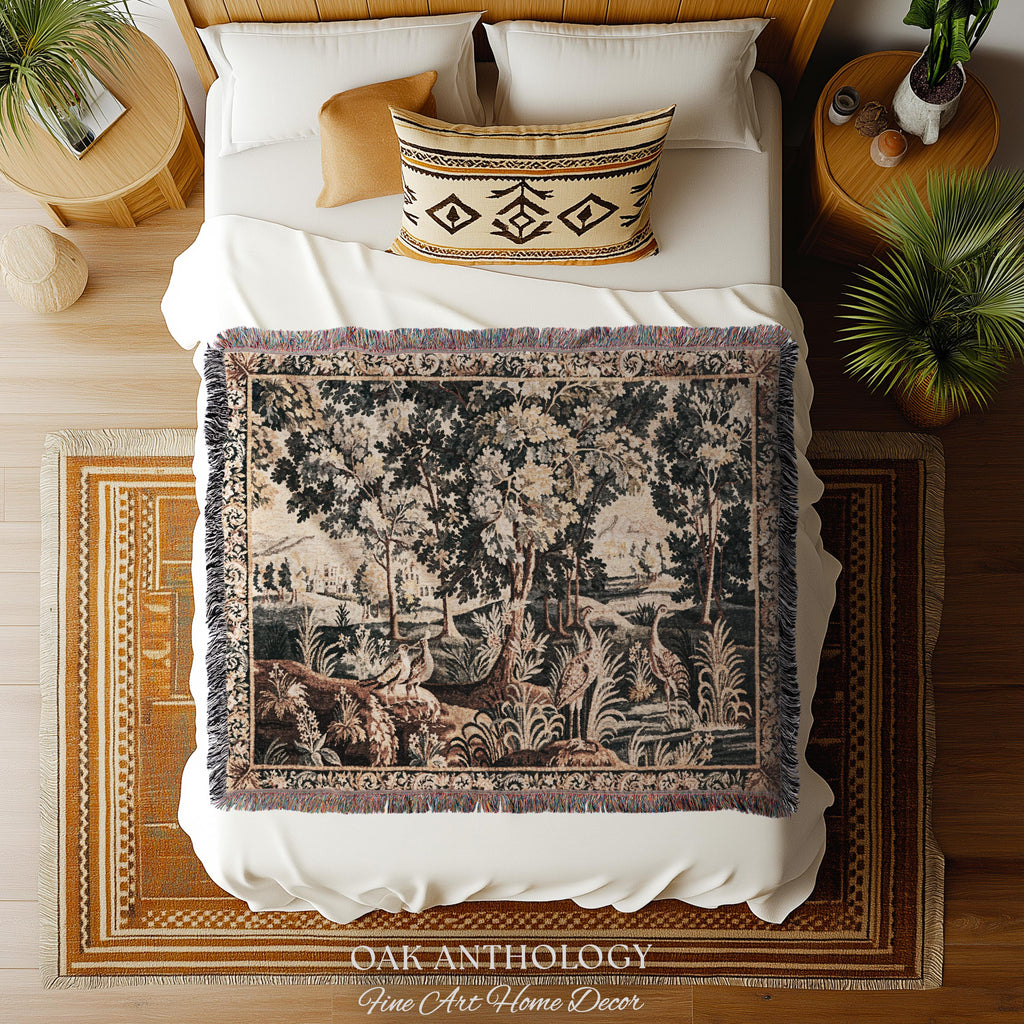 European Woodland Scene Wetland Birds Verdure aux Oiseaux Tapestry | Antique Aubusson Style Woven Heritage Landscape Countryside Wall Art