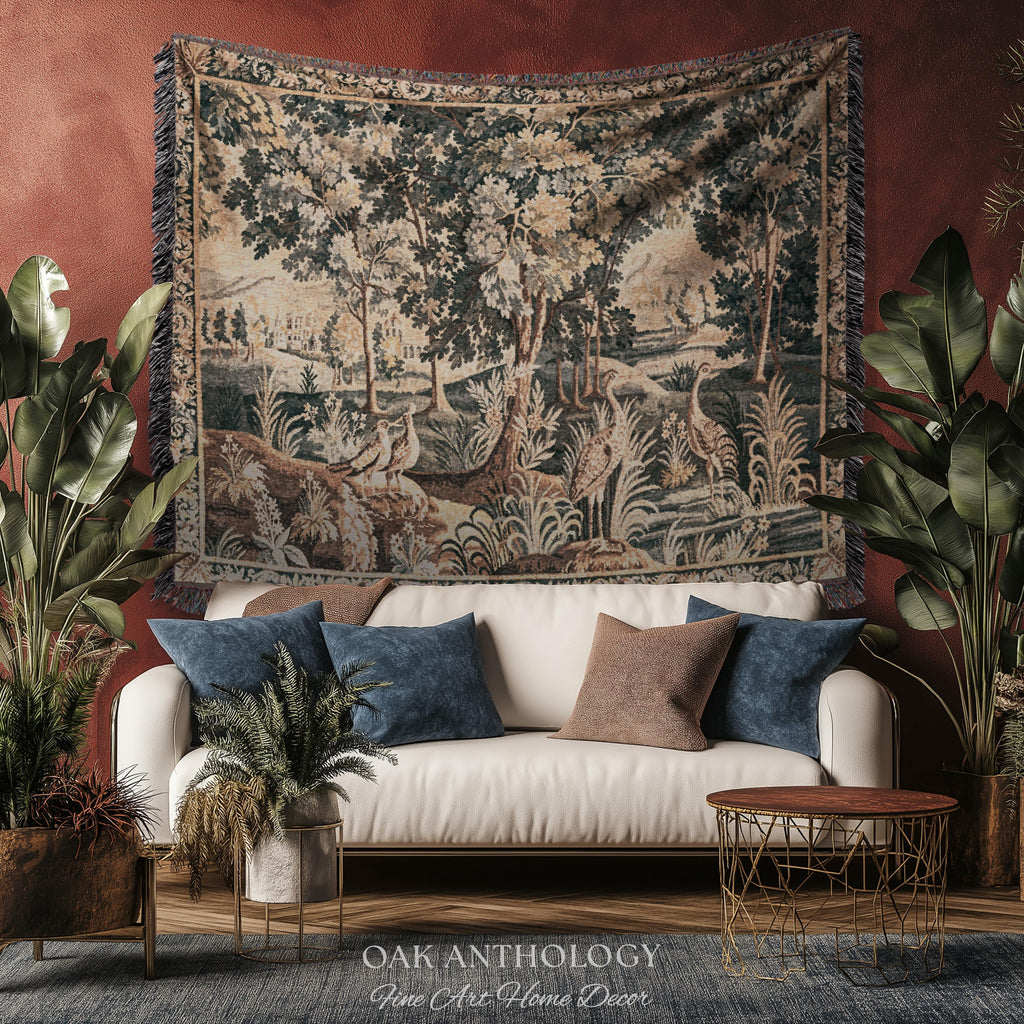 European Woodland Scene Wetland Birds Verdure aux Oiseaux Tapestry | Antique Aubusson Style Woven Heritage Landscape Countryside Wall Art