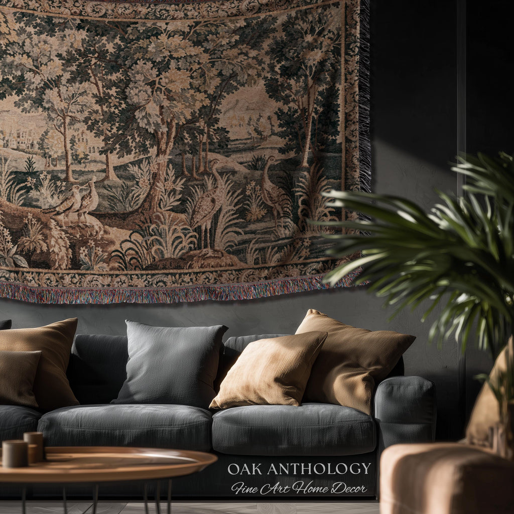 European Woodland Scene Wetland Birds Verdure aux Oiseaux Tapestry | Antique Aubusson Style Woven Heritage Landscape Countryside Wall Art