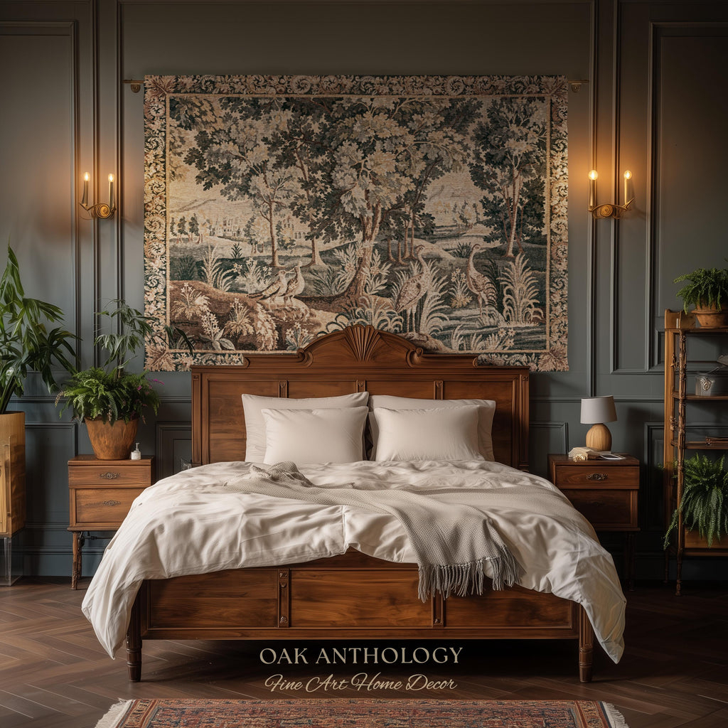 European Woodland Scene Wetland Birds Verdure aux Oiseaux Tapestry | Antique Aubusson Style Woven Heritage Landscape Countryside Wall Art