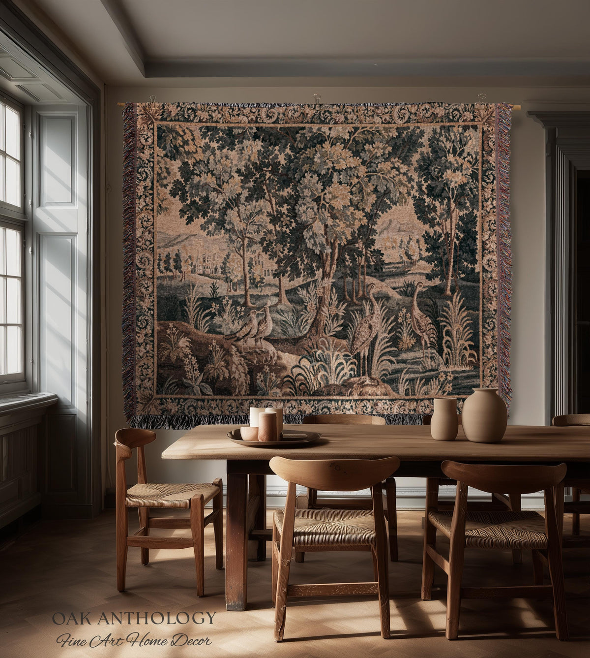 European Woodland Scene Wetland Birds Verdure aux Oiseaux Tapestry | Antique Aubusson Style Woven Heritage Landscape Countryside Wall Art
