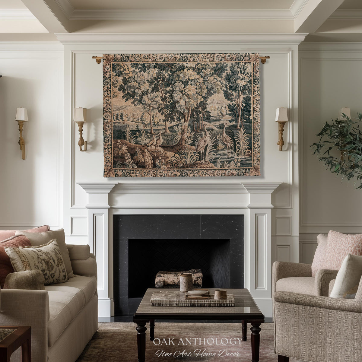 European Woodland Scene Wetland Birds Verdure aux Oiseaux Tapestry | Antique Aubusson Style Woven Heritage Landscape Countryside Wall Art