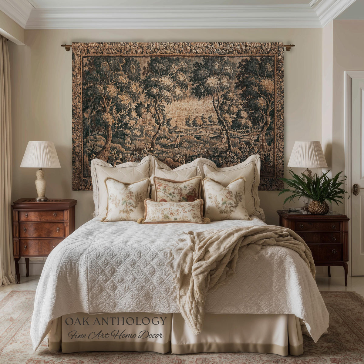 Countryside Classic Elegance Flemish Verdure Tapestry Woven Exotic Birds Wall Art | 18th Century Botanical Landscape Acanthus Woodland Decor