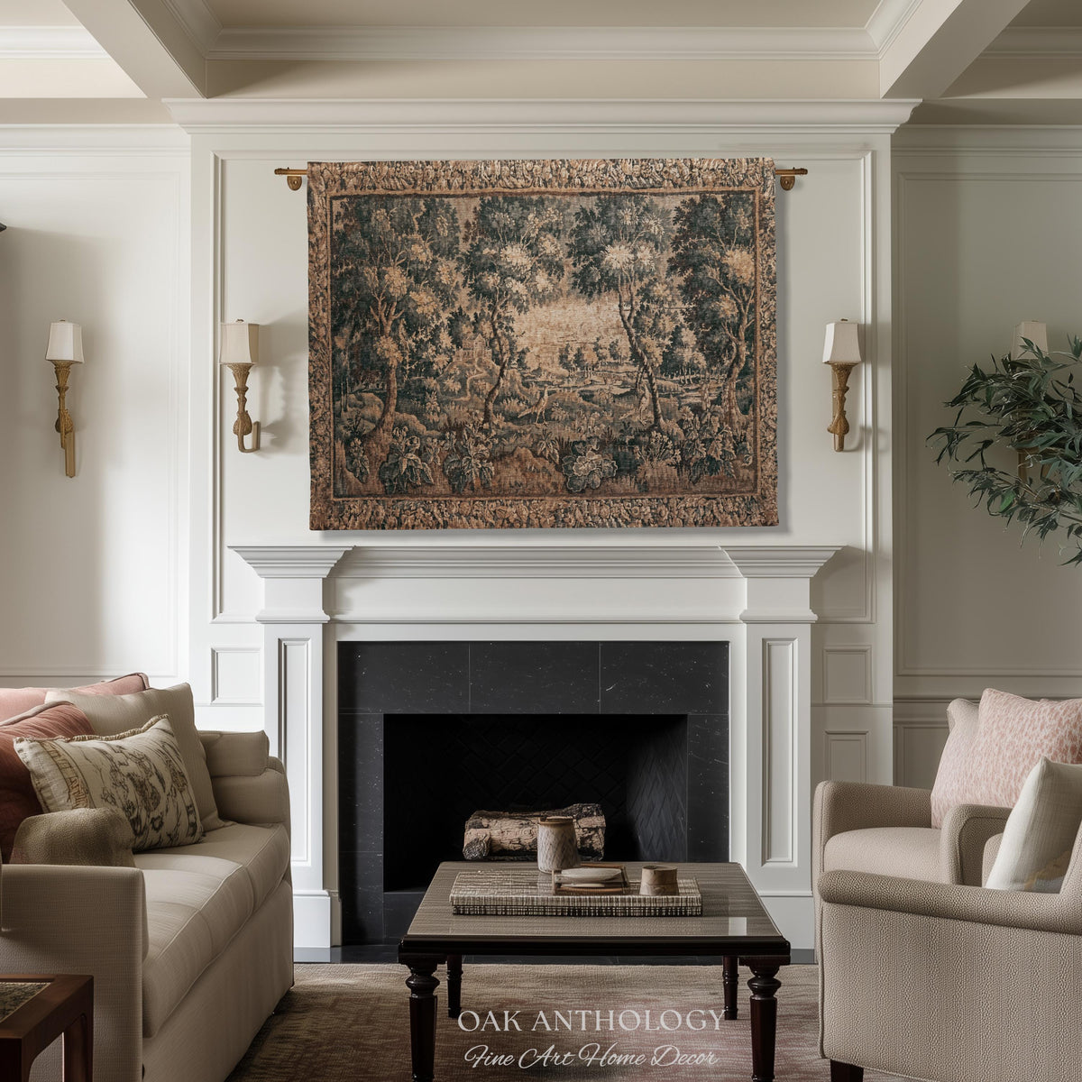 Countryside Classic Elegance Flemish Verdure Tapestry Woven Exotic Birds Wall Art | 18th Century Botanical Landscape Acanthus Woodland Decor