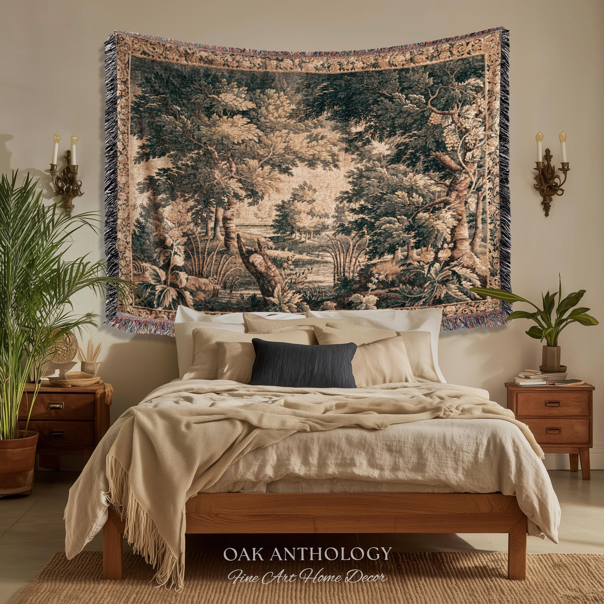 Antique European Lake Scene Tapestry Woven Woodland Verdure Wall Hanging | Classical Elegance Forest Throw Old World Jacquard Textile Art