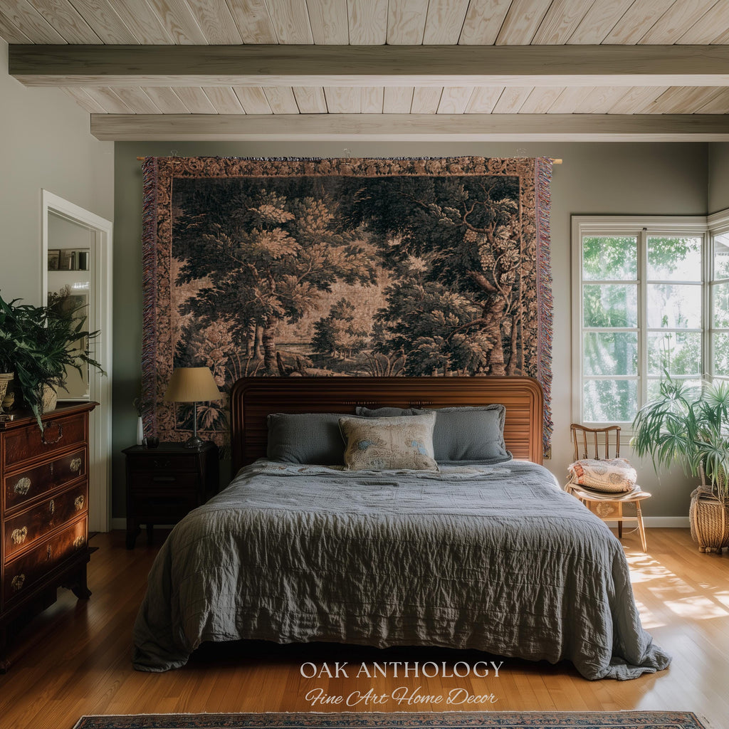 Antique European Lake Scene Tapestry Woven Woodland Verdure Wall Hanging | Classical Elegance Forest Throw Old World Jacquard Textile Art