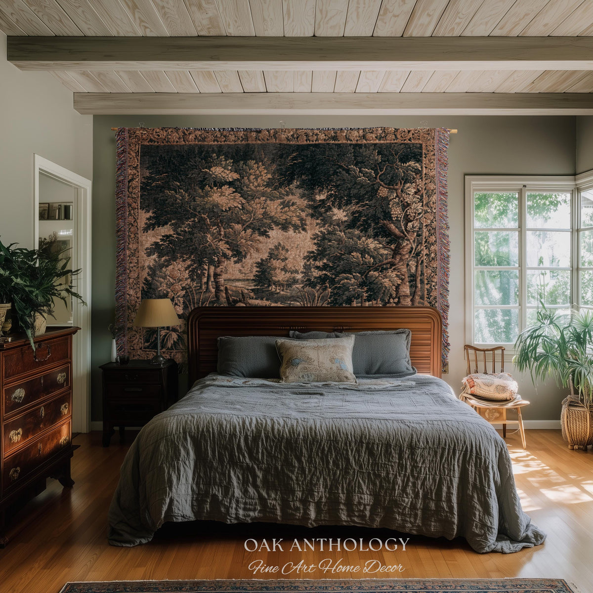 Antique European Lake Scene Tapestry Woven Woodland Verdure Wall Hanging | Classical Elegance Forest Throw Old World Jacquard Textile Art