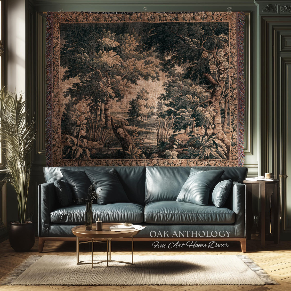 Antique European Lake Scene Tapestry Woven Woodland Verdure Wall Hanging | Classical Elegance Forest Throw Old World Jacquard Textile Art