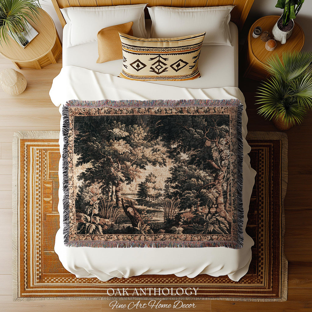 Antique European Lake Scene Tapestry Woven Woodland Verdure Wall Hanging | Classical Elegance Forest Throw Old World Jacquard Textile Art