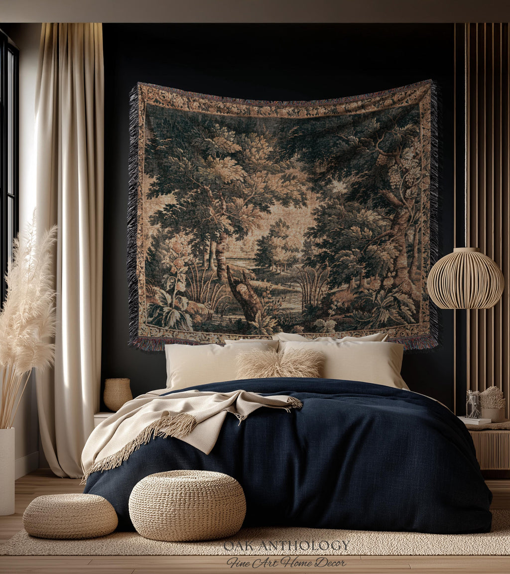 Antique European Lake Scene Tapestry Woven Woodland Verdure Wall Hanging | Classical Elegance Forest Throw Old World Jacquard Textile Art