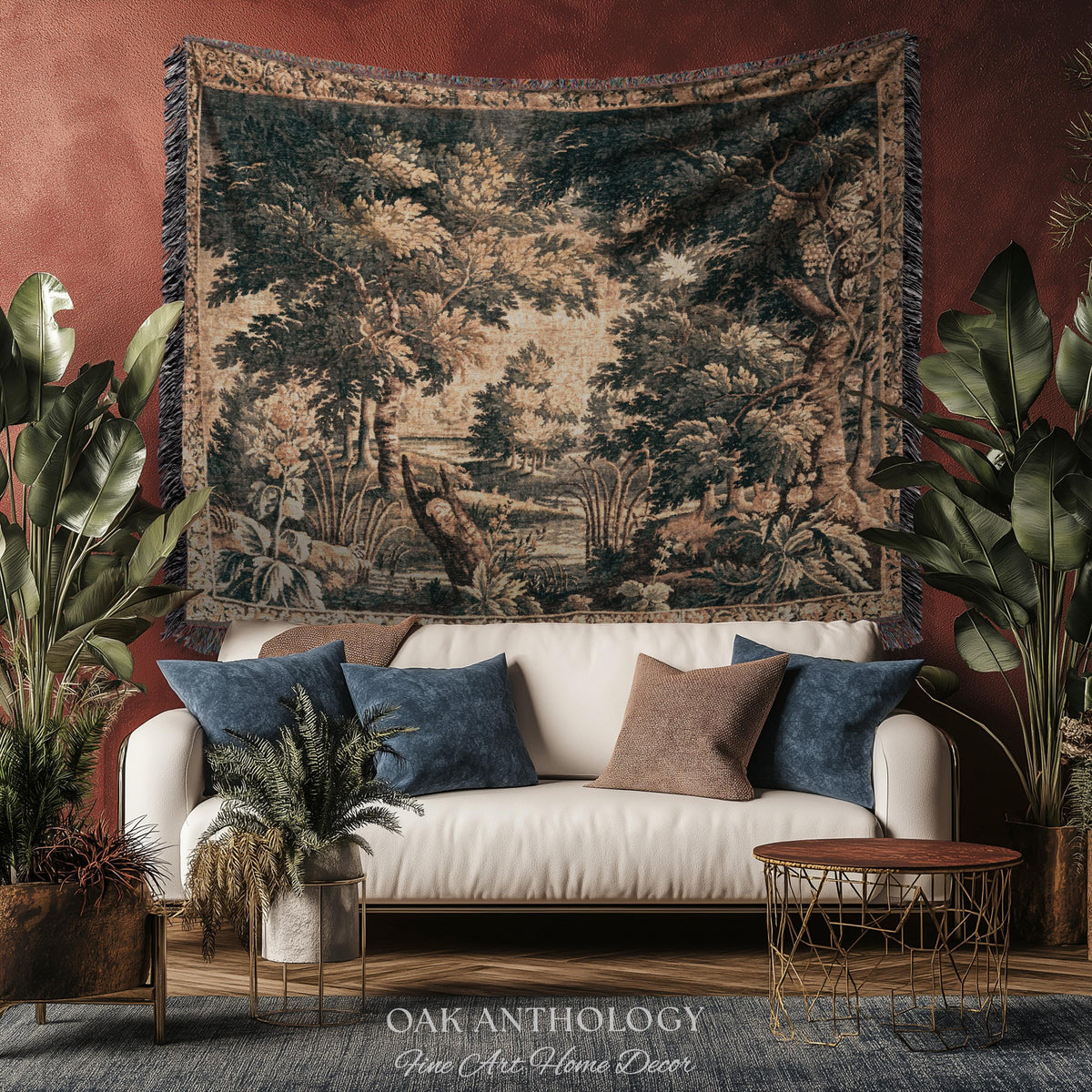 Antique European Lake Scene Tapestry Woven Woodland Verdure Wall Hanging | Classical Elegance Forest Throw Old World Jacquard Textile Art