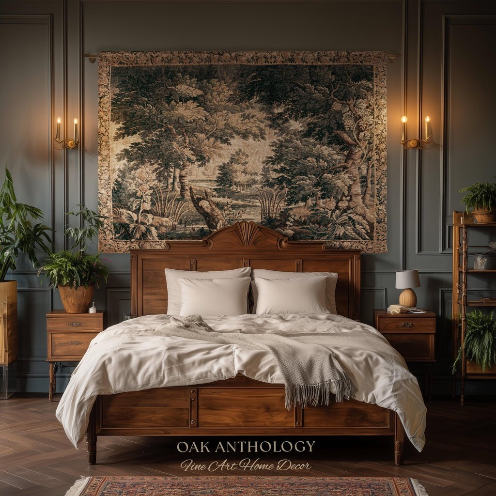 Antique European Lake Scene Tapestry Woven Woodland Verdure Wall Hanging | Classical Elegance Forest Throw Old World Jacquard Textile Art