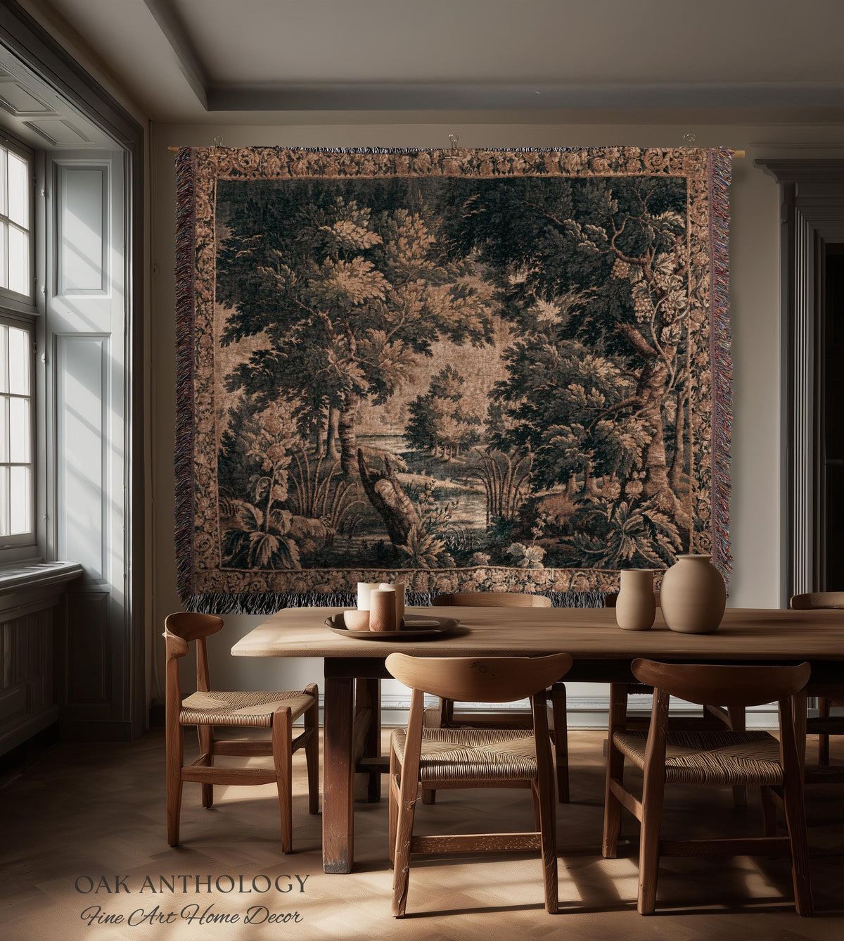Antique European Lake Scene Tapestry Woven Woodland Verdure Wall Hanging | Classical Elegance Forest Throw Old World Jacquard Textile Art