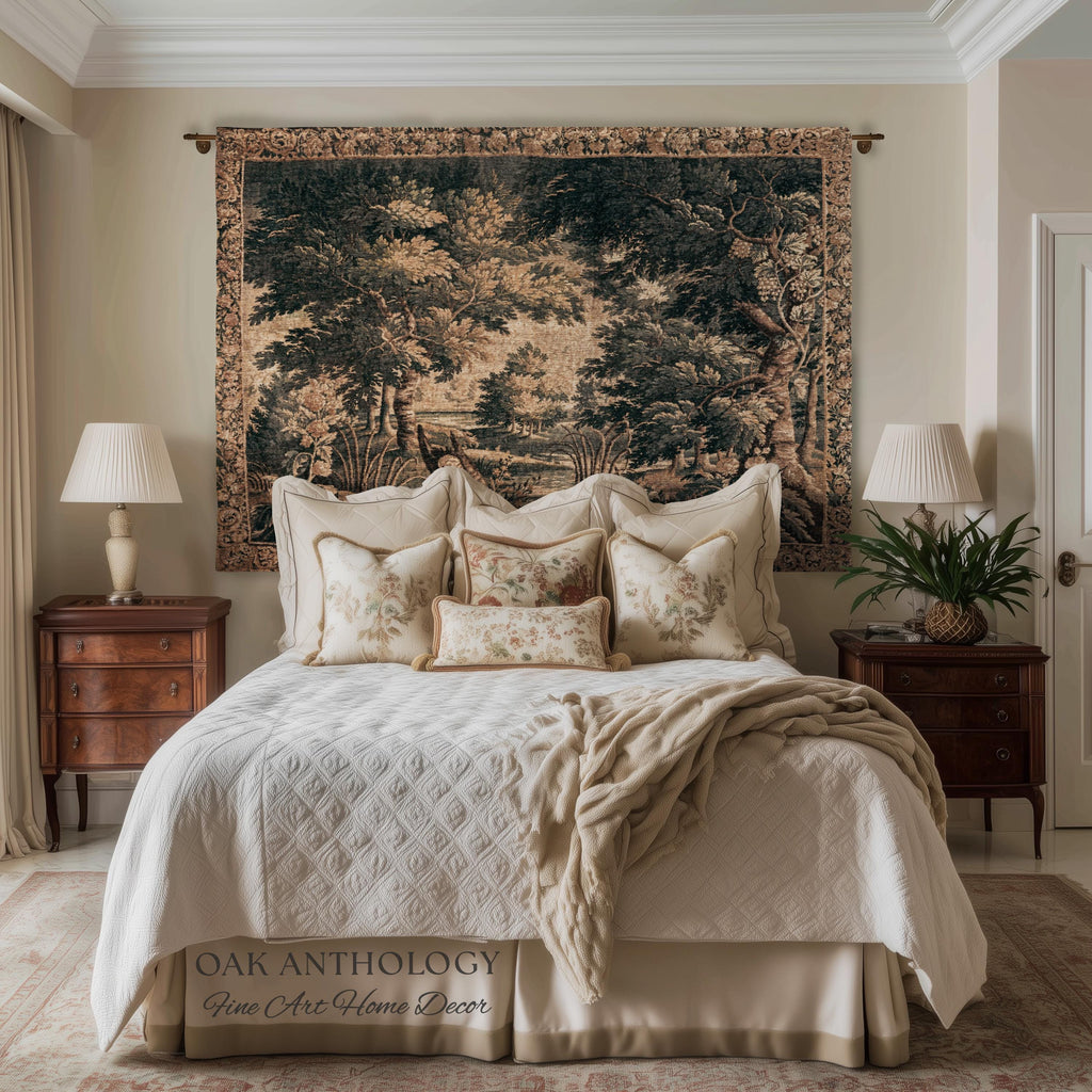 Antique European Lake Scene Tapestry Woven Woodland Verdure Wall Hanging | Classical Elegance Forest Throw Old World Jacquard Textile Art