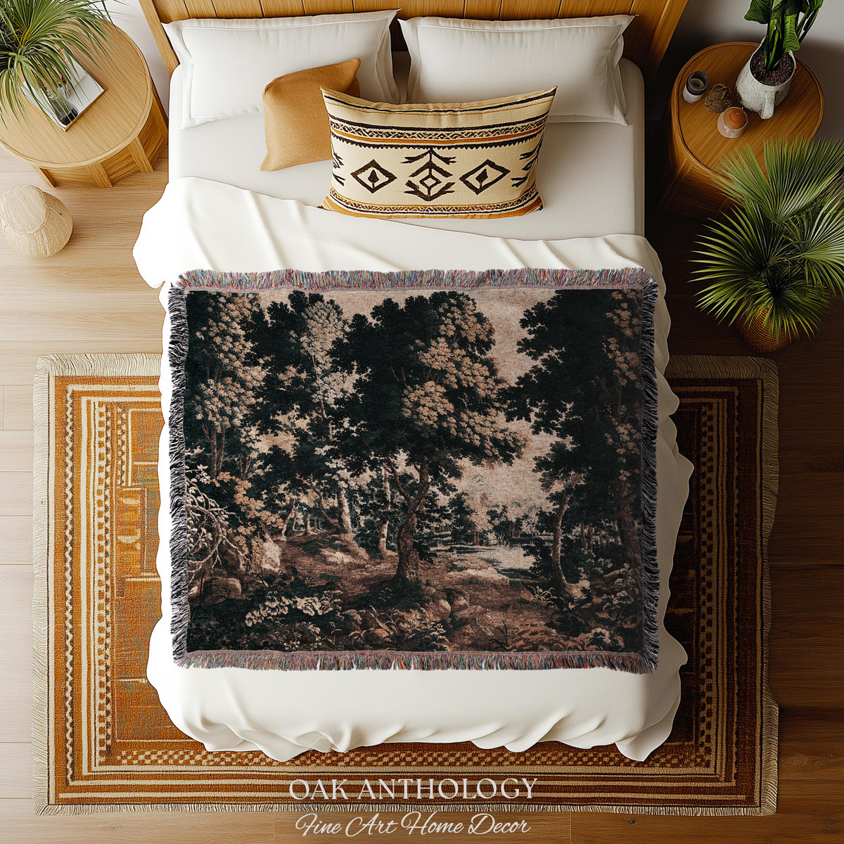 Classical Forest Verdure Tapestry Woodland with a Pond Antique Reproduction | European Traditional Jacquard Woven Textile Pastoral Wall Art