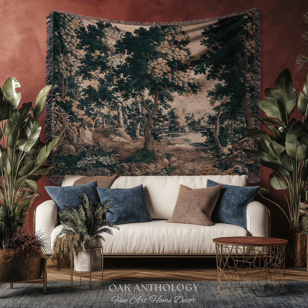 Classical Forest Verdure Tapestry Woodland with a Pond Antique Reproduction | European Traditional Jacquard Woven Textile Pastoral Wall Art