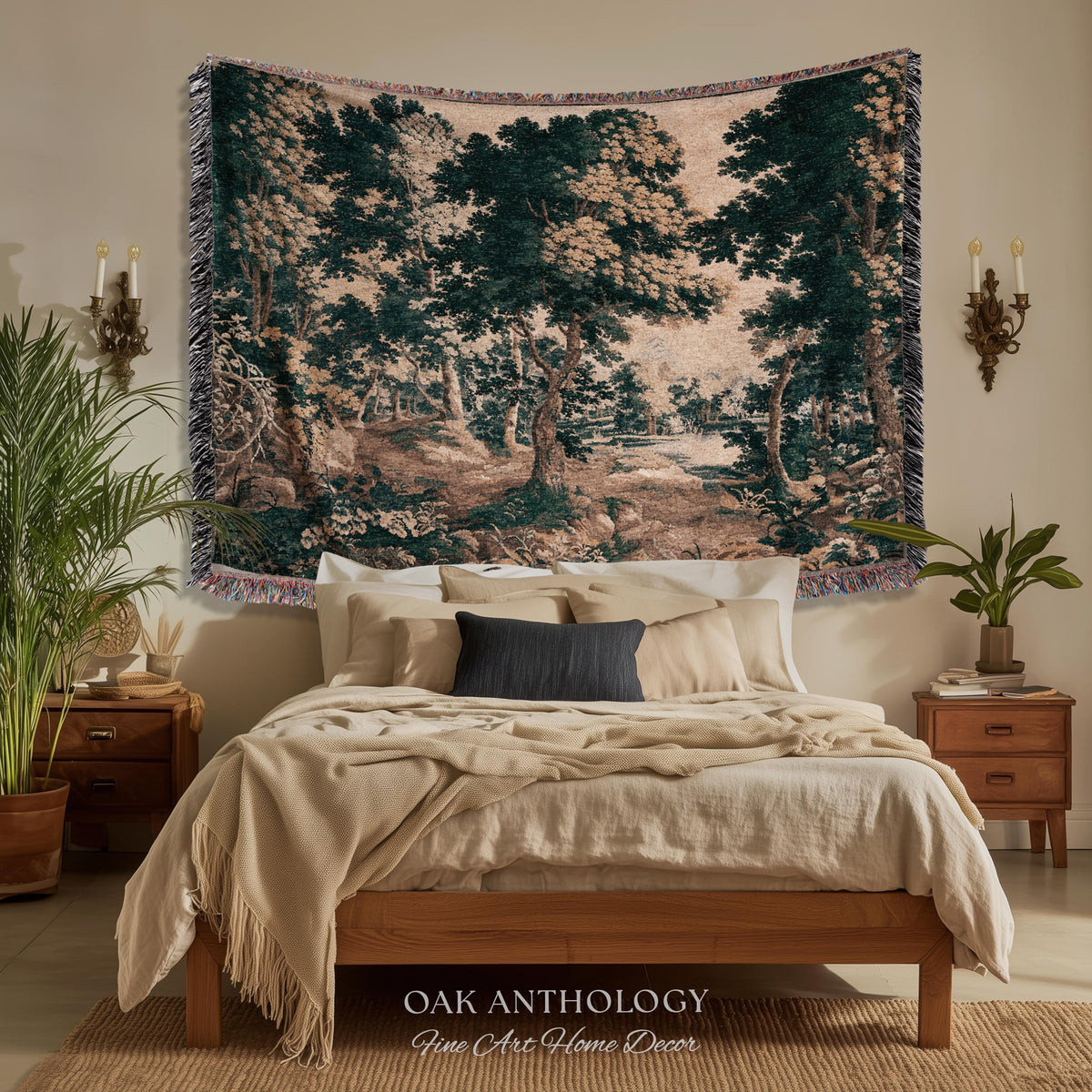 Classical Forest Verdure Tapestry Woodland with a Pond Antique Reproduction | European Traditional Jacquard Woven Textile Pastoral Wall Art