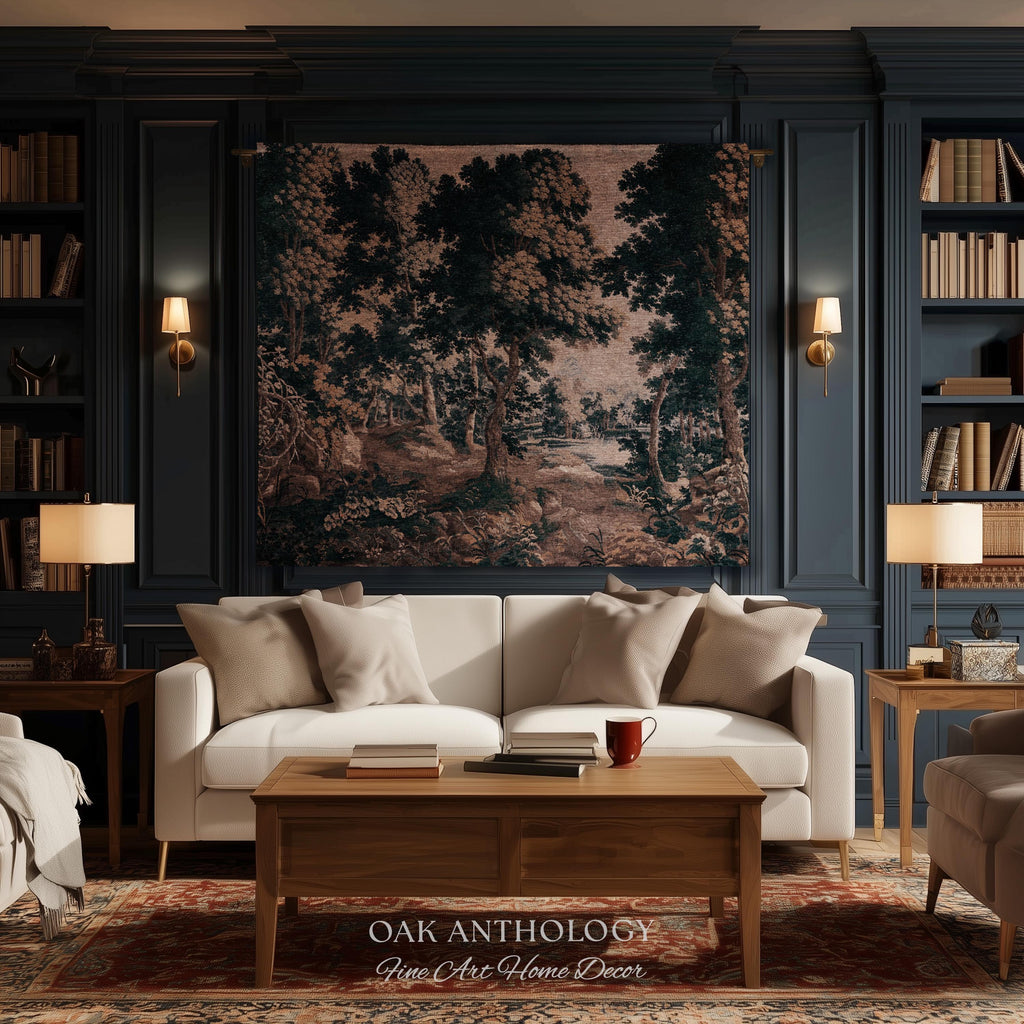 Classical Forest Verdure Tapestry Woodland with a Pond Antique Reproduction | European Traditional Jacquard Woven Textile Pastoral Wall Art