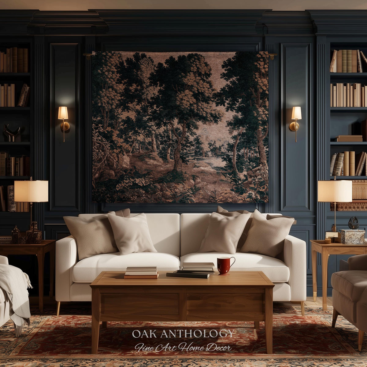 Classical Forest Verdure Tapestry Woodland with a Pond Antique Reproduction | European Traditional Jacquard Woven Textile Pastoral Wall Art