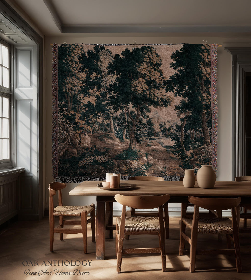 Classical Forest Verdure Tapestry Woodland with a Pond Antique Reproduction | European Traditional Jacquard Woven Textile Pastoral Wall Art