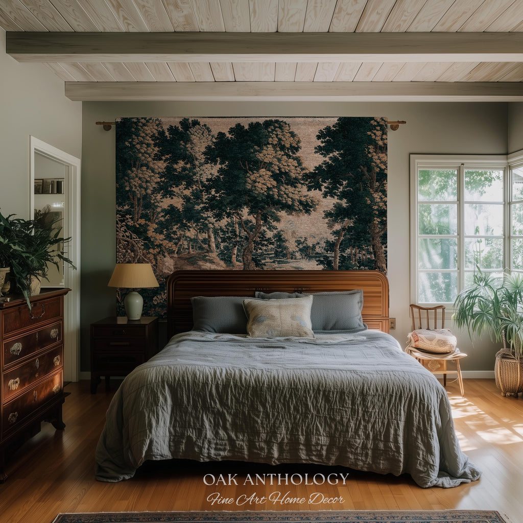 Classical Forest Verdure Tapestry Woodland with a Pond Antique Reproduction | European Traditional Jacquard Woven Textile Pastoral Wall Art