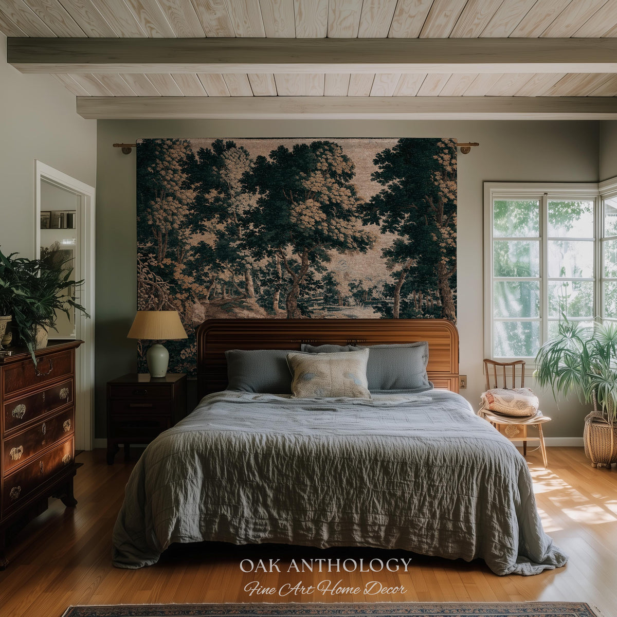 Classical Forest Verdure Tapestry Woodland with a Pond Antique Reproduction | European Traditional Jacquard Woven Textile Pastoral Wall Art