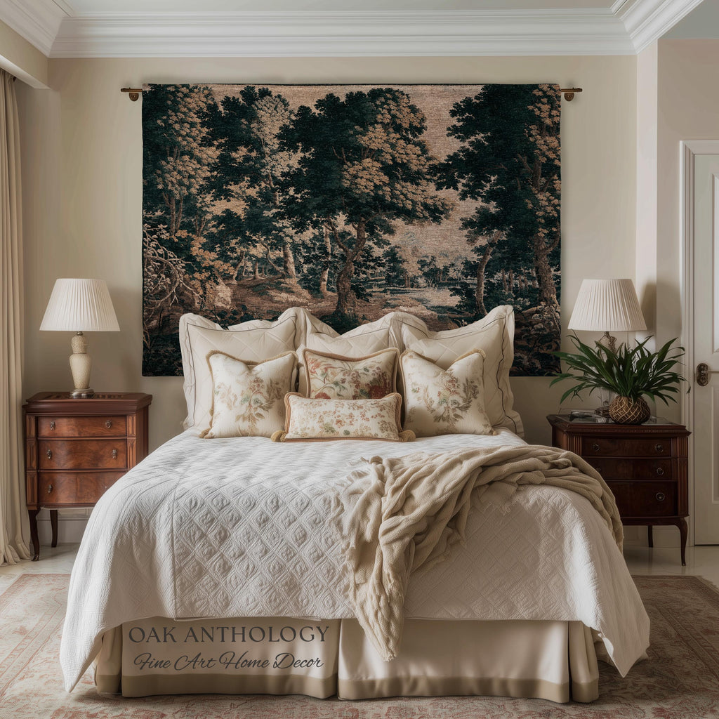 Classical Forest Verdure Tapestry Woodland with a Pond Antique Reproduction | European Traditional Jacquard Woven Textile Pastoral Wall Art