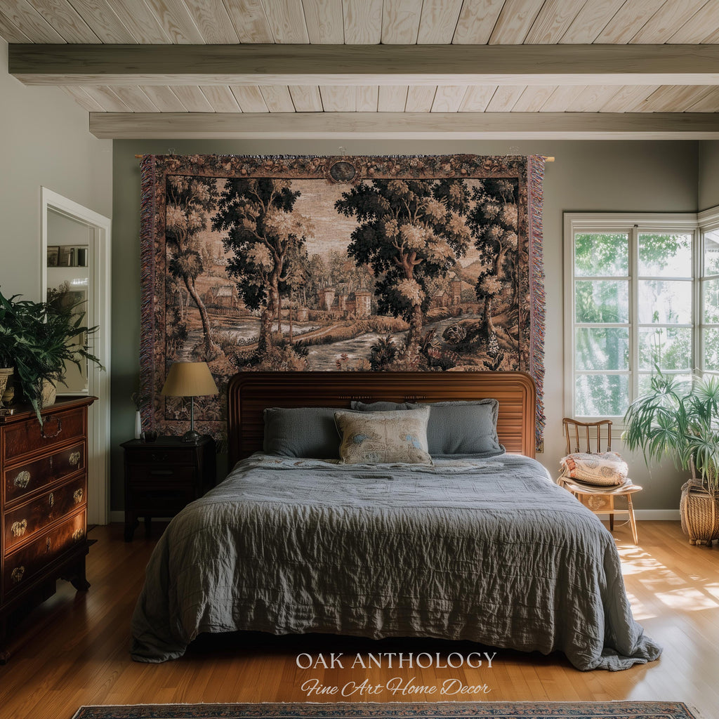 Old World Chantilly Château Tapestry French Riverside Landscape Woven Throw | Historical Countryside Woodland Village Scene Textile Wall Art