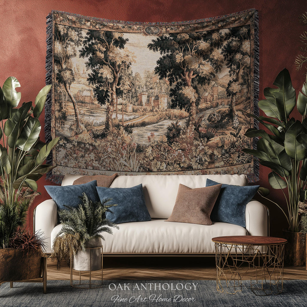 Old World Chantilly Château Tapestry French Riverside Landscape Woven Throw | Historical Countryside Woodland Village Scene Textile Wall Art
