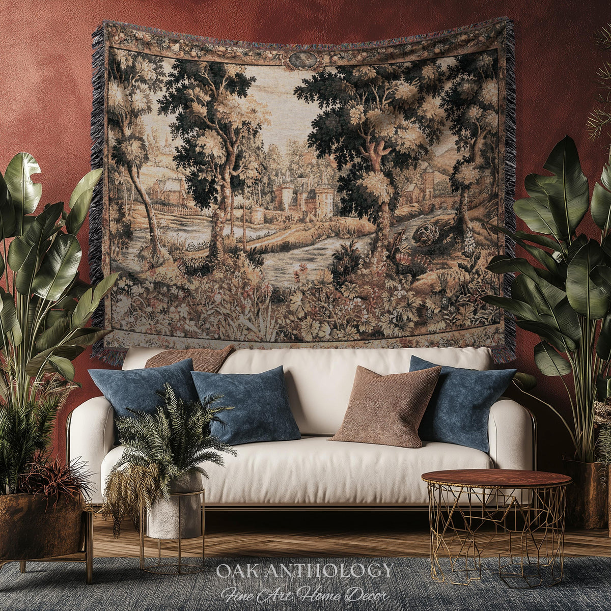 Old World Chantilly Château Tapestry French Riverside Landscape Woven Throw | Historical Countryside Woodland Village Scene Textile Wall Art