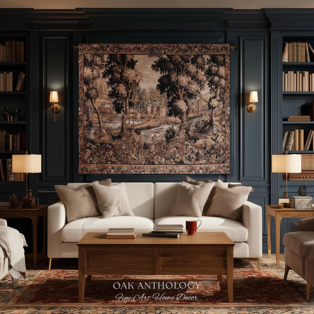 Old World Chantilly Château Tapestry French Riverside Landscape Woven Throw | Historical Countryside Woodland Village Scene Textile Wall Art