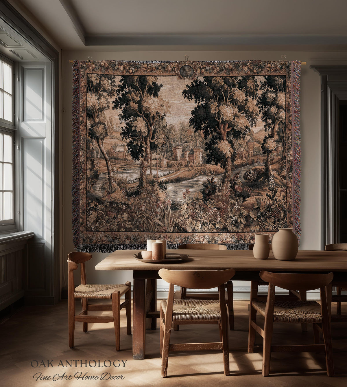 Old World Chantilly Château Tapestry French Riverside Landscape Woven Throw | Historical Countryside Woodland Village Scene Textile Wall Art