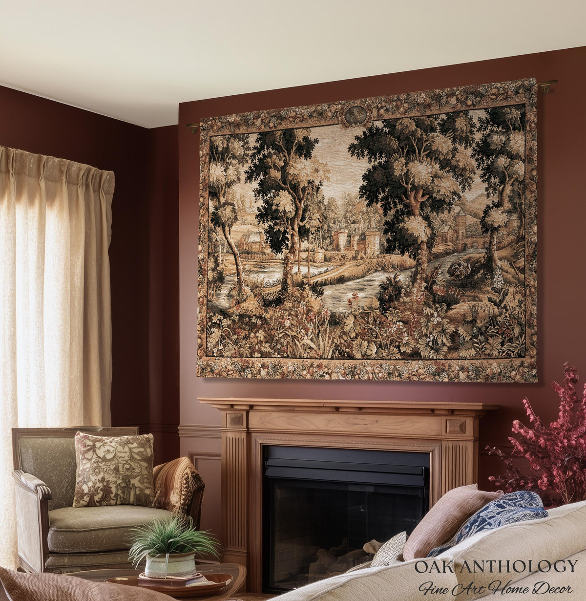 Old World Chantilly Château Tapestry French Riverside Landscape Woven Throw | Historical Countryside Woodland Village Scene Textile Wall Art