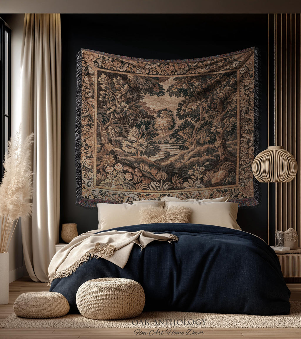 Woodland Waterscape Old World Traditional Tapestry Throw | Moody Antique Lake Scene Golden Verdure Rustic Elegance Woven Wall Hanging Art