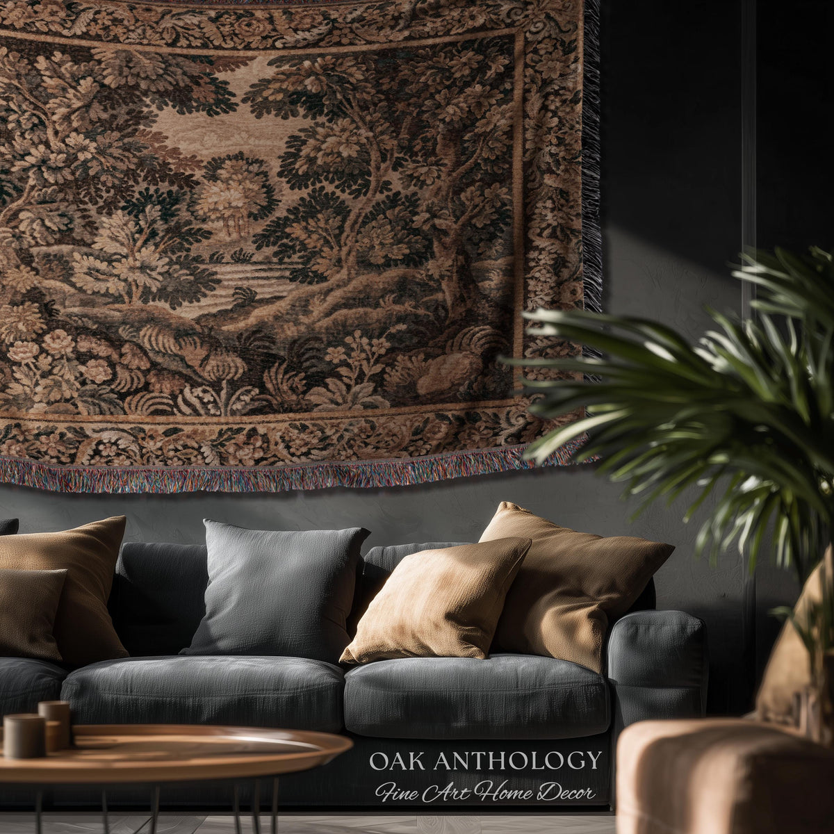 Woodland Waterscape Old World Traditional Tapestry Throw | Moody Antique Lake Scene Golden Verdure Rustic Elegance Woven Wall Hanging Art