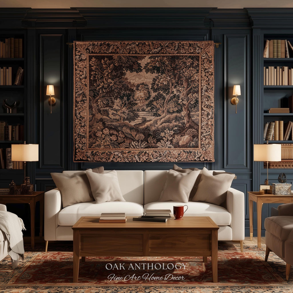 Woodland Waterscape Old World Traditional Tapestry Throw | Moody Antique Lake Scene Golden Verdure Rustic Elegance Woven Wall Hanging Art