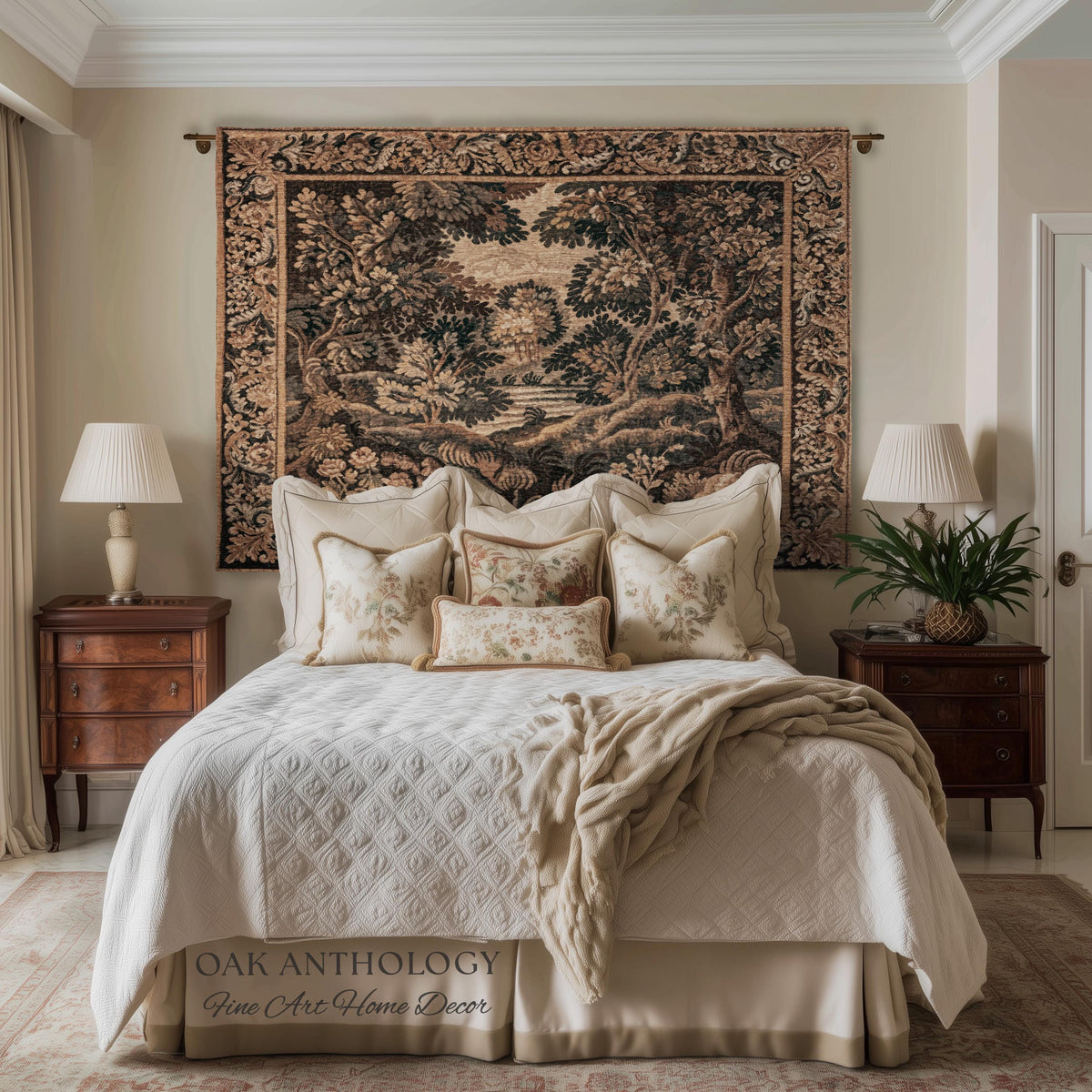 Woodland Waterscape Old World Traditional Tapestry Throw | Moody Antique Lake Scene Golden Verdure Rustic Elegance Woven Wall Hanging Art