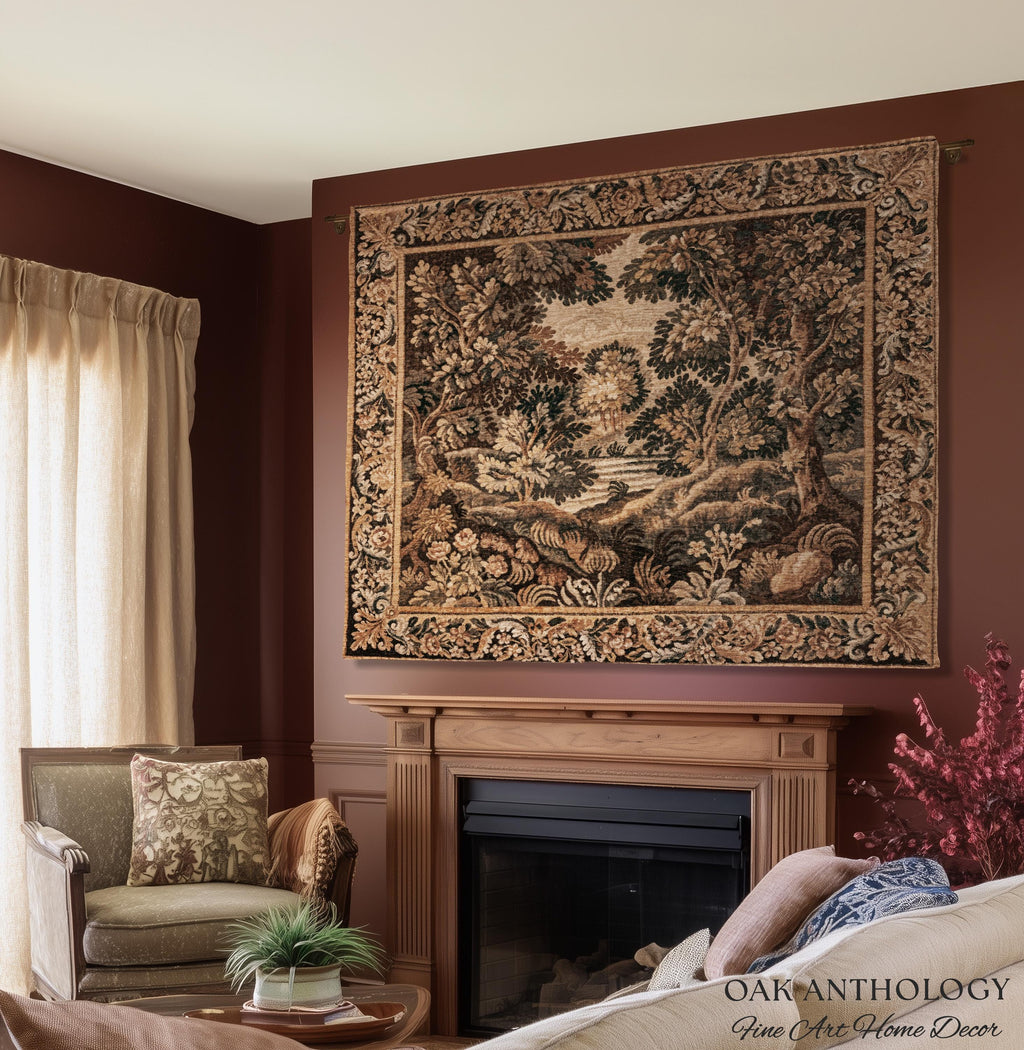 Woodland Waterscape Old World Traditional Tapestry Throw | Moody Antique Lake Scene Golden Verdure Rustic Elegance Woven Wall Hanging Art