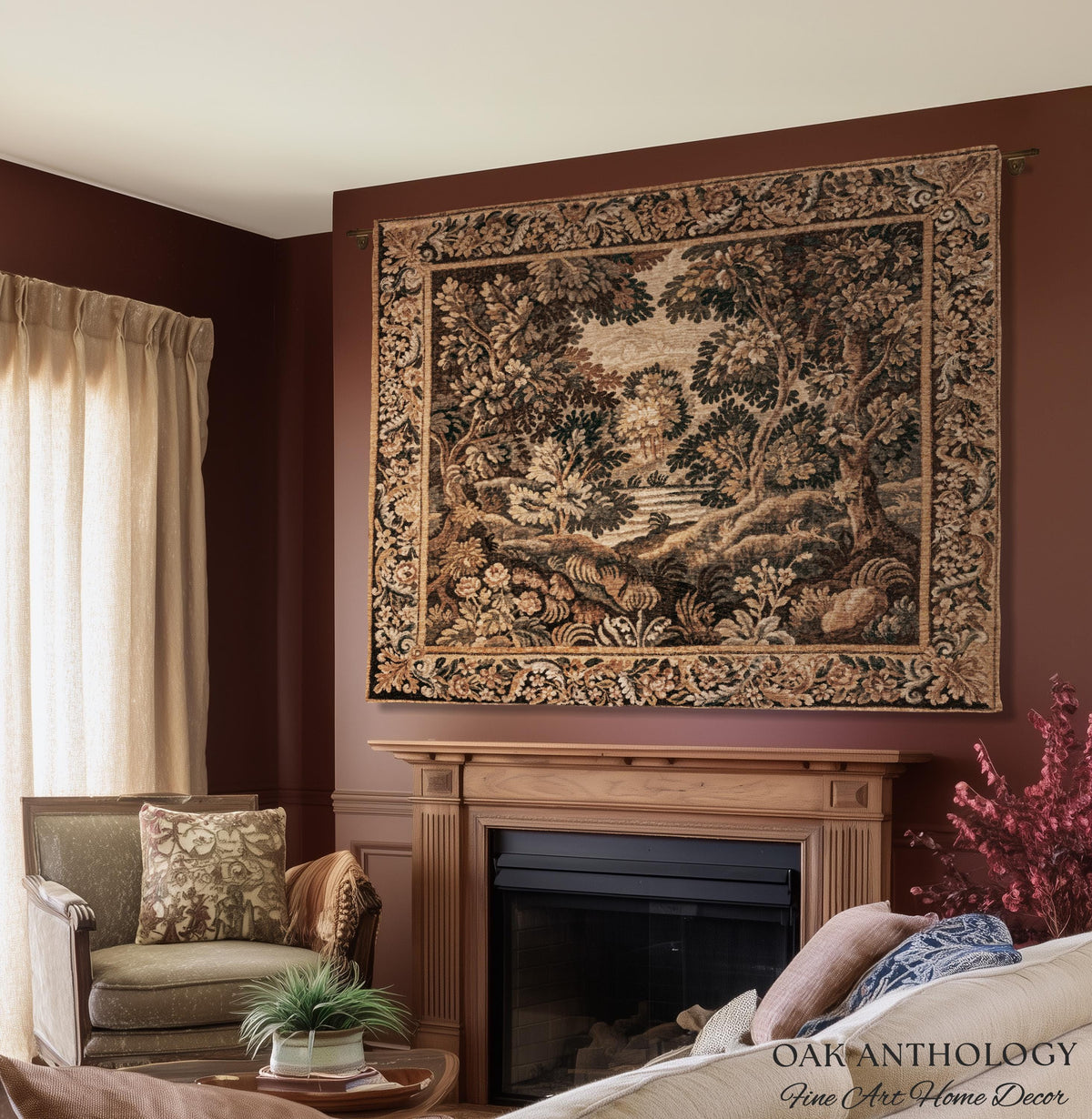 Woodland Waterscape Old World Traditional Tapestry Throw | Moody Antique Lake Scene Golden Verdure Rustic Elegance Woven Wall Hanging Art