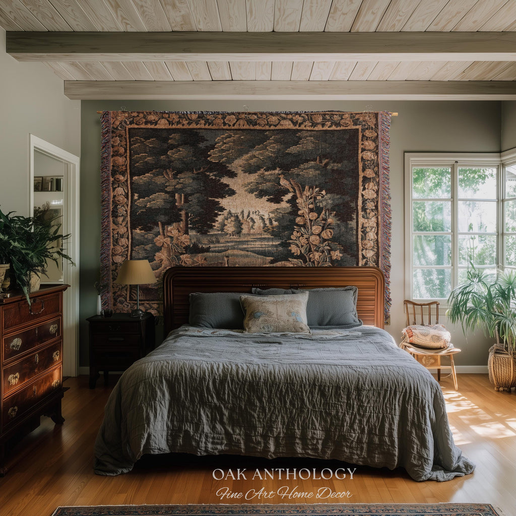 Historical Flemish Verdure Exotic Bird Tapestry Woodland Stream Landscape | Rustic Antique Landscape Textile Woven Old World Heritage Decor
