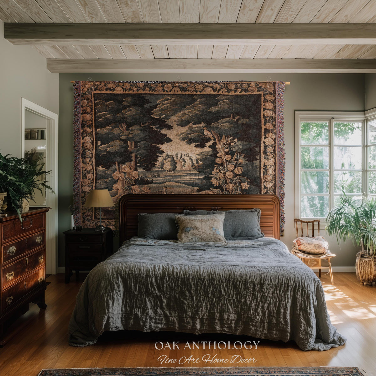 Historical Flemish Verdure Exotic Bird Tapestry Woodland Stream Landscape | Rustic Antique Landscape Textile Woven Old World Heritage Decor
