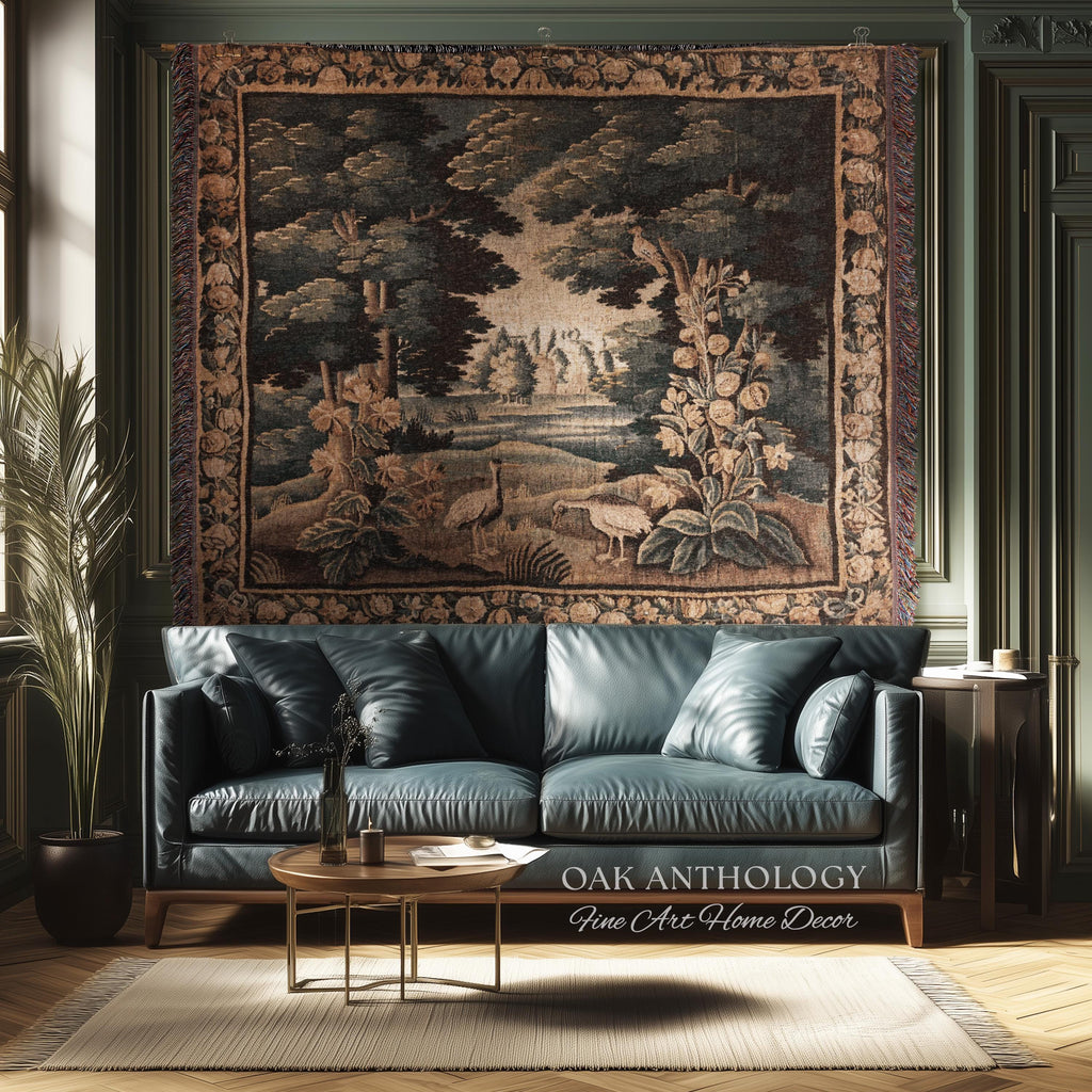 Historical Flemish Verdure Exotic Bird Tapestry Woodland Stream Landscape | Rustic Antique Landscape Textile Woven Old World Heritage Decor