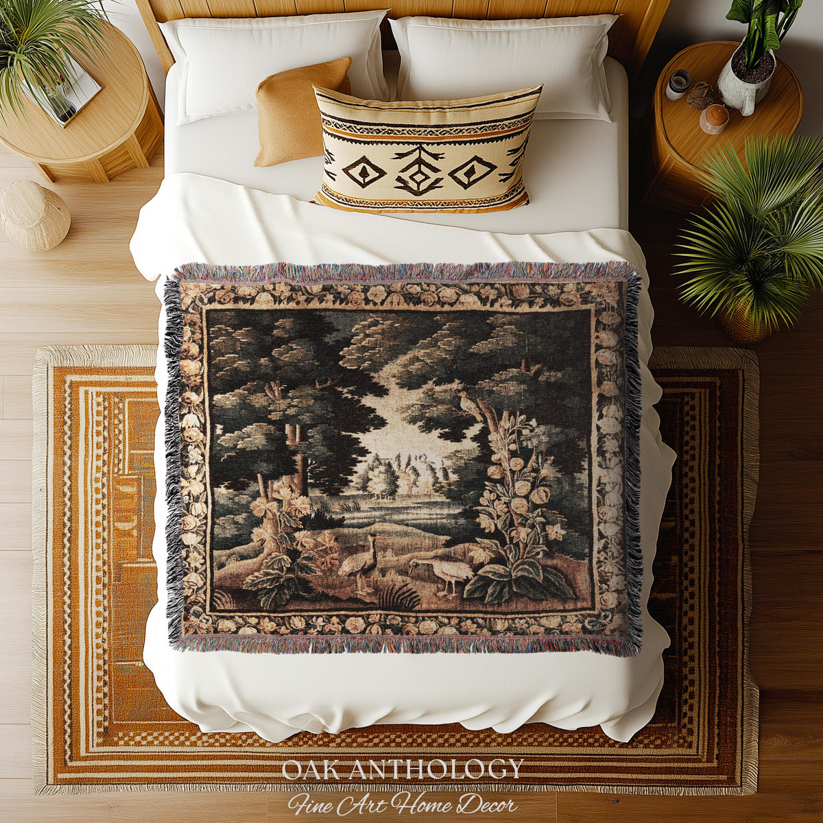 Historical Flemish Verdure Exotic Bird Tapestry Woodland Stream Landscape | Rustic Antique Landscape Textile Woven Old World Heritage Decor