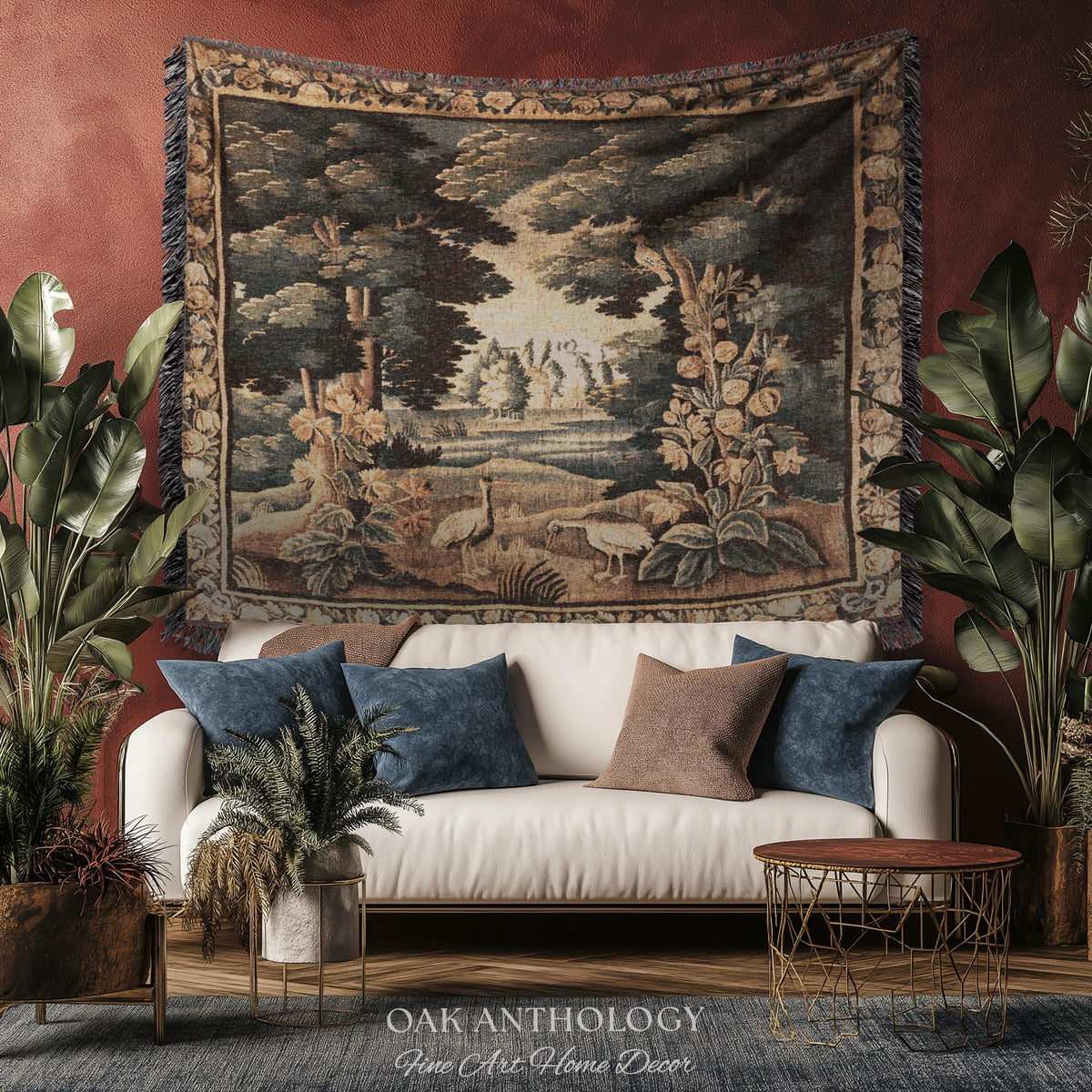 Historical Flemish Verdure Exotic Bird Tapestry Woodland Stream Landscape | Rustic Antique Landscape Textile Woven Old World Heritage Decor