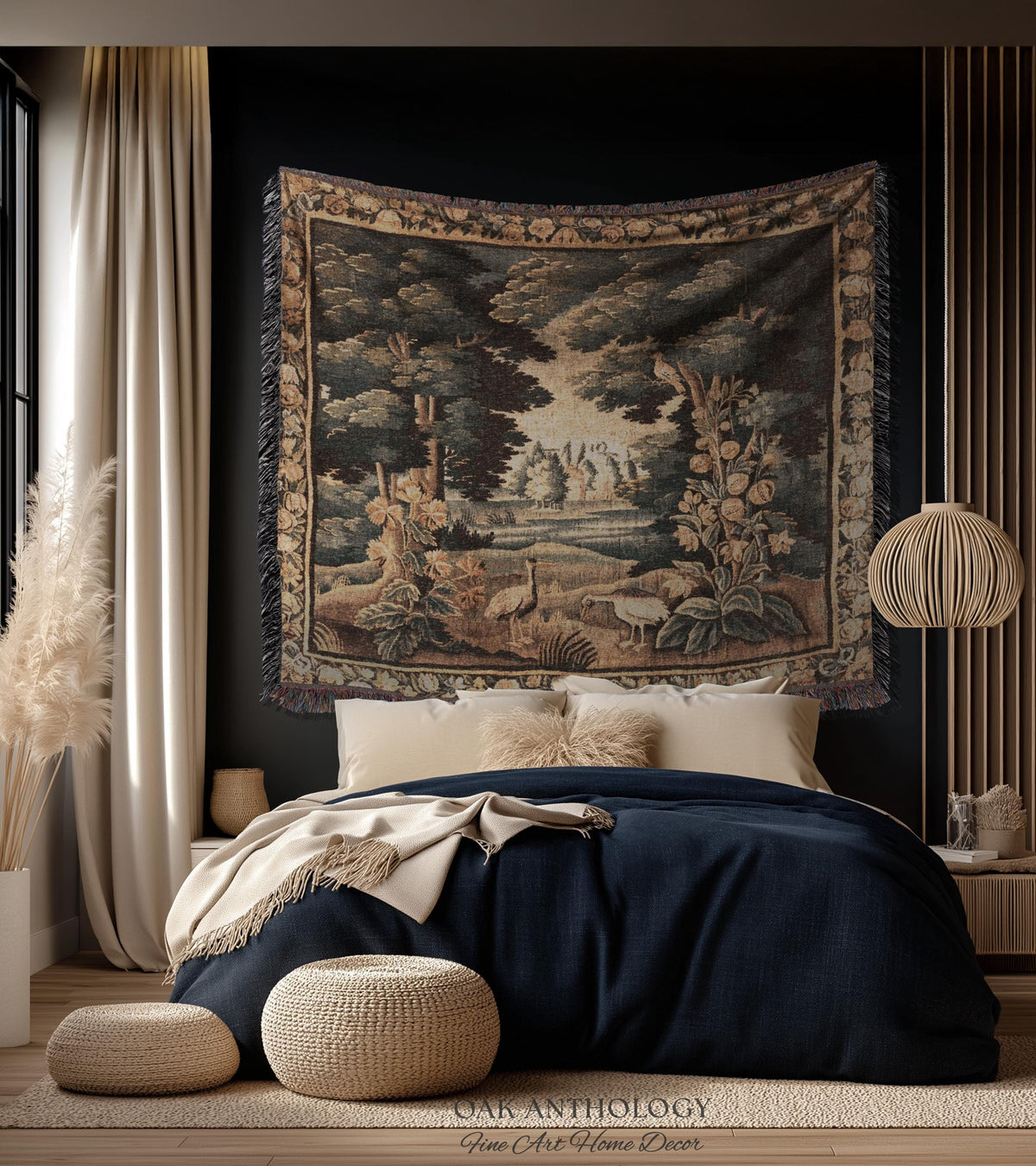 Historical Flemish Verdure Exotic Bird Tapestry Woodland Stream Landscape | Rustic Antique Landscape Textile Woven Old World Heritage Decor