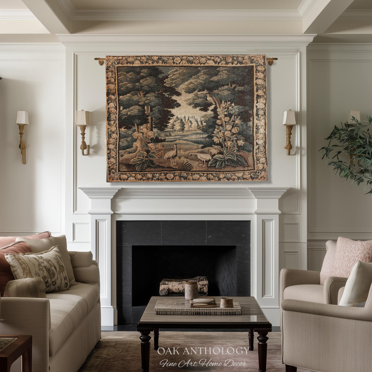 Historical Flemish Verdure Exotic Bird Tapestry Woodland Stream Landscape | Rustic Antique Landscape Textile Woven Old World Heritage Decor