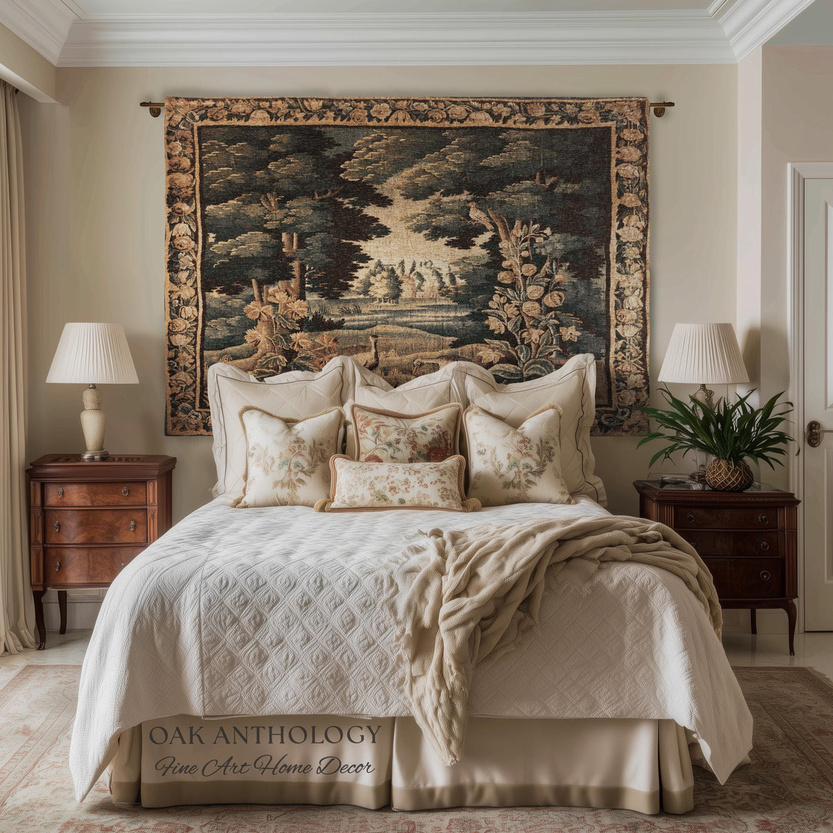 Historical Flemish Verdure Exotic Bird Tapestry Woodland Stream Landscape | Rustic Antique Landscape Textile Woven Old World Heritage Decor
