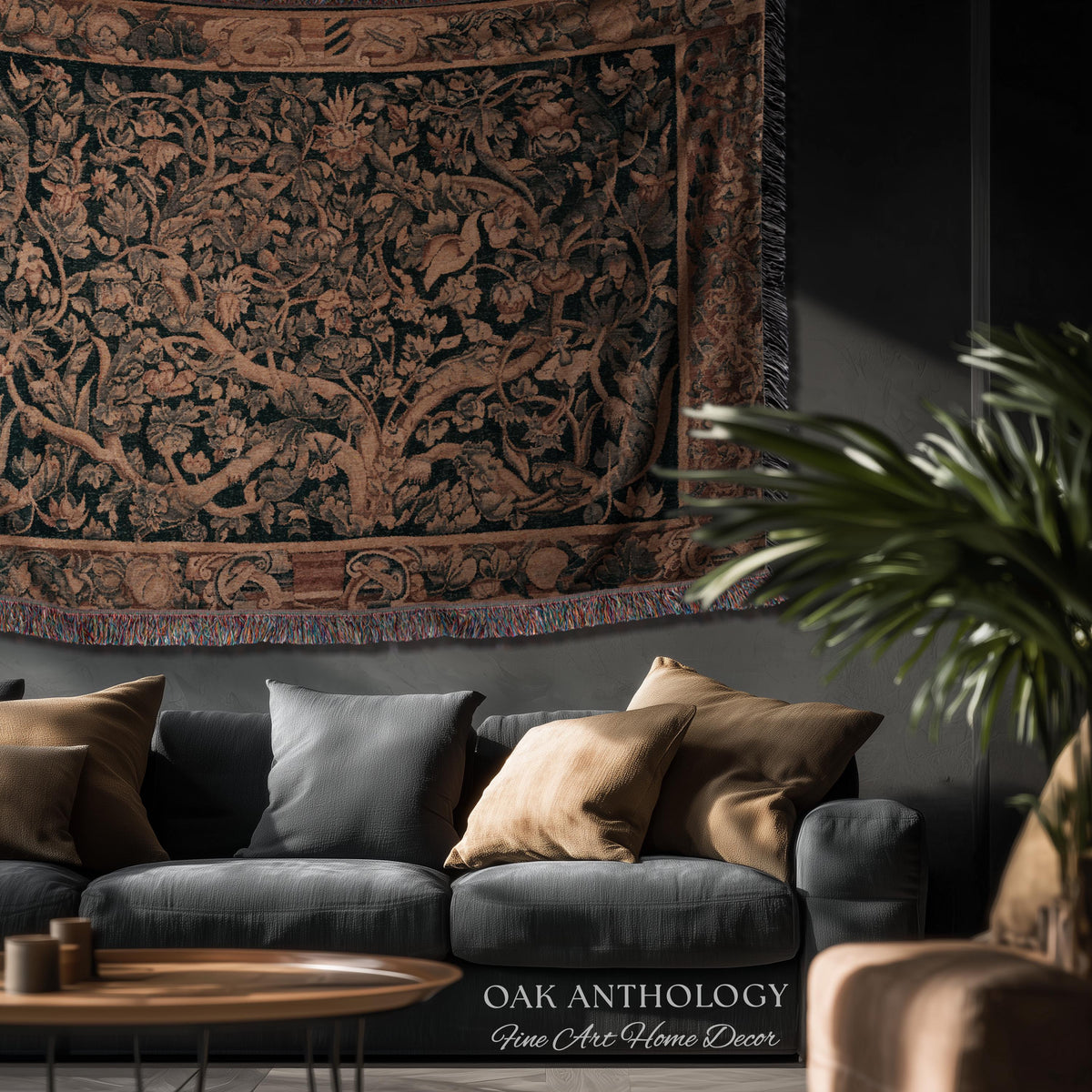 Flemish Tree of Life Woven Tapestry Blanket Large Leaf Verdure Medieval Renaissance Art Styling, Old World Garden Jacquard Throw Woven Decor